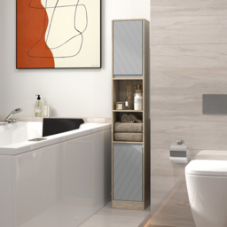 HOMCOM Tall Bathroom Cabinet, Freestanding Bathroom Storage Cabinet with 2 Cupboards 2 Compartments, Anti-Tipping Elevated Base, Grey and Oak Brown - thumbnail 8