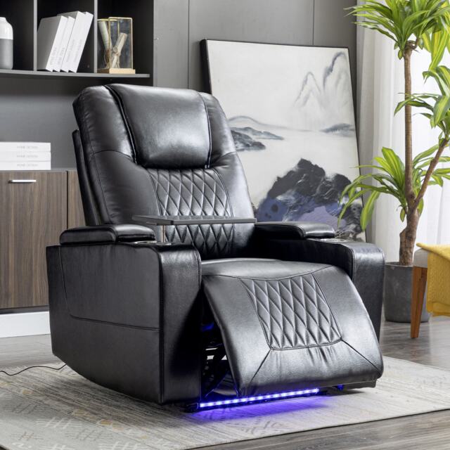 Adjustable Electric Leather Recliner Chair with USB Port, Storage, Ambient Light, 360° Swivel Gaming Recliner Chair, 92x80x108 cm, Black - Aosom.UK - image 1