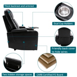 Adjustable Electric Leather Recliner Chair with USB Port, Storage, Ambient Light, 360° Swivel Gaming Recliner Chair, 92x80x108 cm, Black - Aosom.UK - thumbnail 6