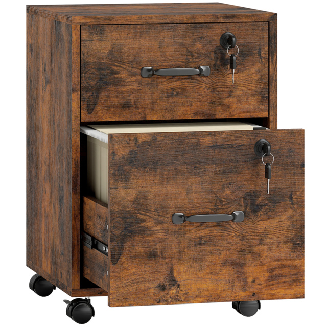 HOMCOM Rolling File Cabinet with 2 Drawers, Mobile Filing Cabinet with Hanging File Folder for Letter Sized Documents, Rustic Brown - image 1