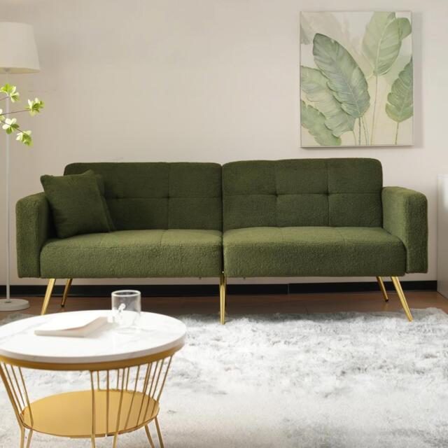 Convertible Sofa Bed with Adjustable Backrest, Gold Legs, Side Pockets, Sherpa Fabric Loveseat for Living Room, 176L x 64W x 75H cm, Green - Aosom.UK - image 1