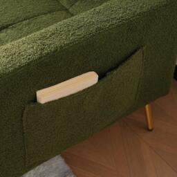 Convertible Sofa Bed with Adjustable Backrest, Gold Legs, Side Pockets, Sherpa Fabric Loveseat for Living Room, 176L x 64W x 75H cm, Green - Aosom.UK - thumbnail 9