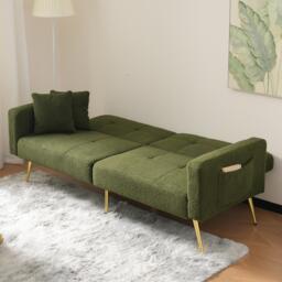 Convertible Sofa Bed with Adjustable Backrest, Gold Legs, Side Pockets, Sherpa Fabric Loveseat for Living Room, 176L x 64W x 75H cm, Green - Aosom.UK - thumbnail 7