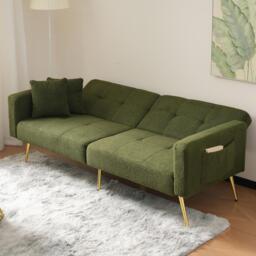 Convertible Sofa Bed with Adjustable Backrest, Gold Legs, Side Pockets, Sherpa Fabric Loveseat for Living Room, 176L x 64W x 75H cm, Green - Aosom.UK - thumbnail 6