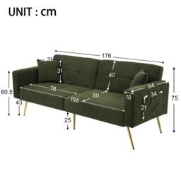 Convertible Sofa Bed with Adjustable Backrest, Gold Legs, Side Pockets, Sherpa Fabric Loveseat for Living Room, 176L x 64W x 75H cm, Green - Aosom.UK - thumbnail 3