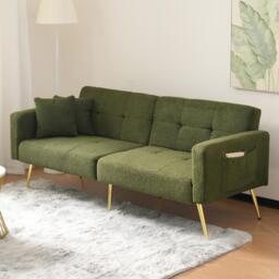 Convertible Sofa Bed with Adjustable Backrest, Gold Legs, Side Pockets, Sherpa Fabric Loveseat for Living Room, 176L x 64W x 75H cm, Green - Aosom.UK - thumbnail 4