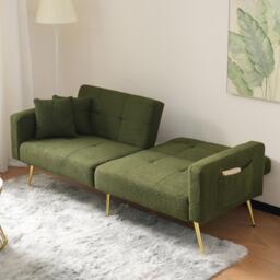 Convertible Sofa Bed with Adjustable Backrest, Gold Legs, Side Pockets, Sherpa Fabric Loveseat for Living Room, 176L x 64W x 75H cm, Green - Aosom.UK - thumbnail 5