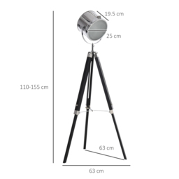 HOMCOM Industrial Style Adjustable Tripod Floor Lamp, Floor Lights with Wooden Legs and Steel Lampshade, Searchlight Lamp, Black - Aosom UK - thumbnail 3