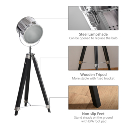 HOMCOM Industrial Style Adjustable Tripod Floor Lamp, Floor Lights with Wooden Legs and Steel Lampshade, Searchlight Lamp, Black - Aosom UK - thumbnail 7