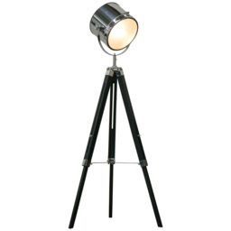 HOMCOM Industrial Style Adjustable Tripod Floor Lamp, Floor Lights with Wooden Legs and Steel Lampshade, Searchlight Lamp, Black - Aosom UK