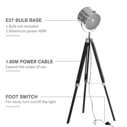 HOMCOM Industrial Style Adjustable Tripod Floor Lamp, Floor Lights with Wooden Legs and Steel Lampshade, Searchlight Lamp, Black - Aosom UK - thumbnail 6