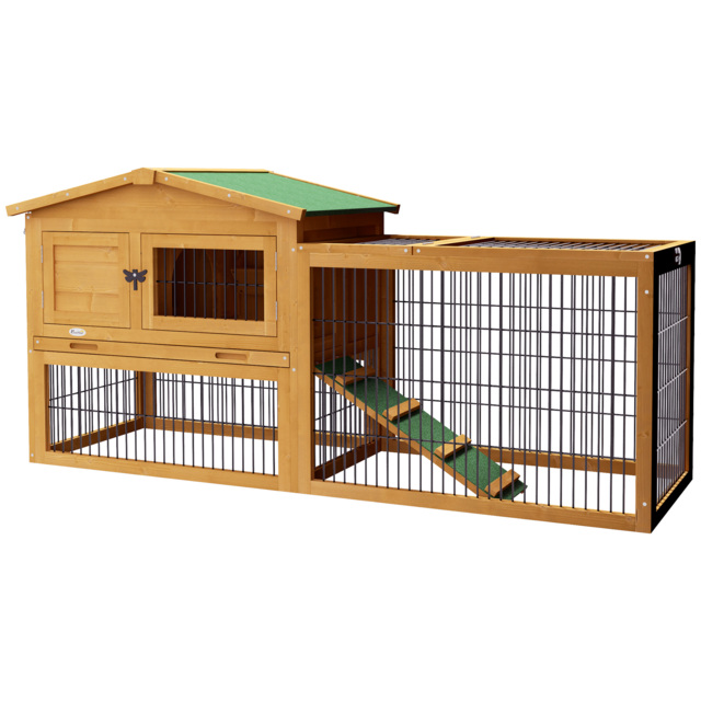 PawHut 2-Level Wooden Rabbit Hutch with Outdoor Run & Green Roof, Yellow, Ideal for Small Rabbits & Pets - Aosom UK - image 1