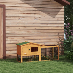 PawHut 2-Level Wooden Rabbit Hutch with Outdoor Run & Green Roof, Yellow, Ideal for Small Rabbits & Pets - Aosom UK - thumbnail 2