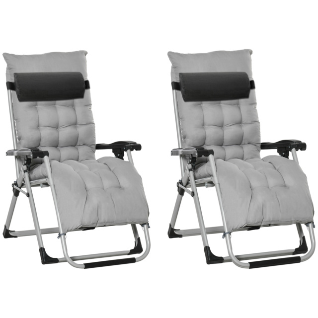 Outsunny 2 Piece Folding Sun Lounger, Adjustable Garden Chairs with Cushion Headrest, Light Grey - Aosom UK - image 1