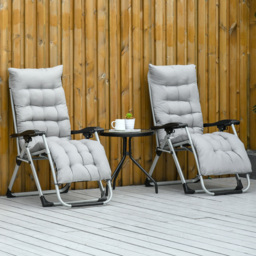 Outsunny 2 Piece Folding Sun Lounger, Adjustable Garden Chairs with Cushion Headrest, Light Grey - Aosom UK - thumbnail 2