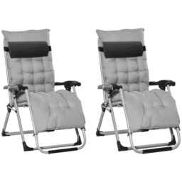 Outsunny 2 Piece Folding Sun Lounger, Adjustable Garden Chairs with Cushion Headrest, Light Grey - Aosom UK - thumbnail 1