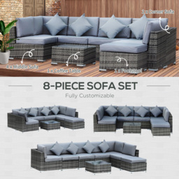 Outsunny 7-Seater Rattan Sofa Set Garden Furniture Aluminium Patio Set Wicker Seater w/Table, Grey - thumbnail 6