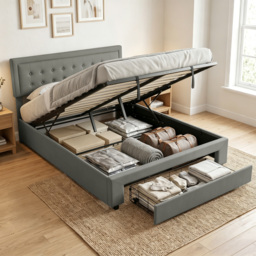 HOMCOM King Size Ottoman Bed Frame, with Front Drawer - Grey - thumbnail 2