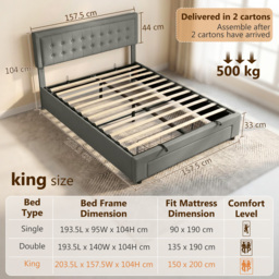 HOMCOM King Size Ottoman Bed Frame, with Front Drawer - Grey - thumbnail 3