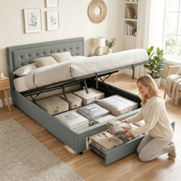 HOMCOM King Size Ottoman Bed Frame, with Front Drawer - Grey - thumbnail 8