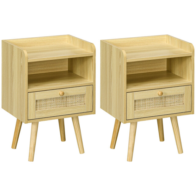 HOMCOM Bedside Table Set of 2, Boho Nightstand with Drawer, Storage Compartment, Natural Wood Finish - Aosom UK - image 1