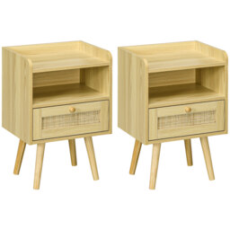 HOMCOM Bedside Table Set of 2, Boho Nightstand with Drawer, Storage Compartment, Natural Wood Finish - Aosom UK - thumbnail 1