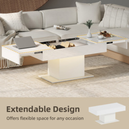 HOMCOM Extendable Coffee Table with LED Lights and Storage - High Gloss White - thumbnail 4