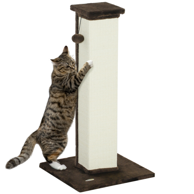 PawHut 81cm Cat Scratcher, Vertical Full Scratcher w/ Natural Sisal Rope, Hanging Ball, Soft Plush - Brown - image 1
