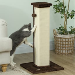 PawHut 81cm Cat Scratcher, Vertical Full Scratcher w/ Natural Sisal Rope, Hanging Ball, Soft Plush - Brown - thumbnail 7