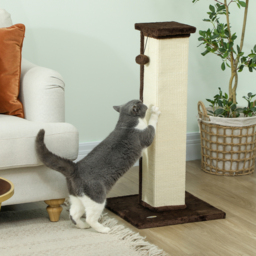 PawHut 81cm Cat Scratcher, Vertical Full Scratcher w/ Natural Sisal Rope, Hanging Ball, Soft Plush - Brown - thumbnail 2