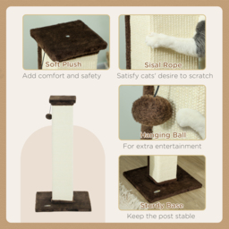 PawHut 81cm Cat Scratcher, Vertical Full Scratcher w/ Natural Sisal Rope, Hanging Ball, Soft Plush - Brown - thumbnail 5