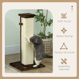 PawHut 81cm Cat Scratcher, Vertical Full Scratcher w/ Natural Sisal Rope, Hanging Ball, Soft Plush - Brown - thumbnail 4