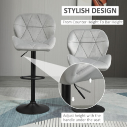 HOMCOM Bar Stool Set of 2 Fabric Adjustable Height Armless Upholstered Counter Chairs with Swivel Seat, Light Grey - thumbnail 4