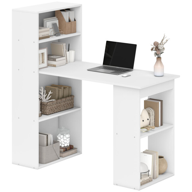 HOMCOM 120cm Modern Computer Desk Bookshelf  Writing Table Workstation PC Laptop Study Home Office 6 Shelves White - Aosom UK - image 1