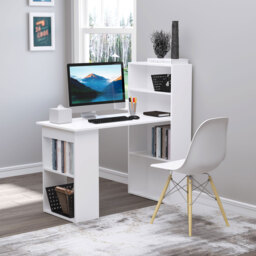 HOMCOM 120cm Modern Computer Desk Bookshelf  Writing Table Workstation PC Laptop Study Home Office 6 Shelves White - Aosom UK - thumbnail 8