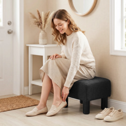HOMCOM Linen Fabric Footstool Ottoman Cube with 4 Plastic Legs, Black - thumbnail 8