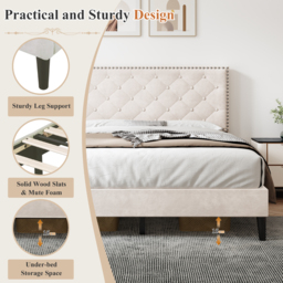 Upholstered Velvet Bedstead with Button-Tufted Headboard, Noise-Free Design, Wood Double Bed for Bedroom, 193L x 141W x 110H cm, Beige - Aosom.UK - thumbnail 6