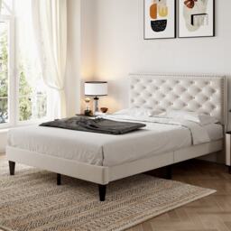 Upholstered Velvet Bedstead with Button-Tufted Headboard, Noise-Free Design, Wood Double Bed for Bedroom, 193L x 141W x 110H cm, Beige - Aosom.UK - thumbnail 7