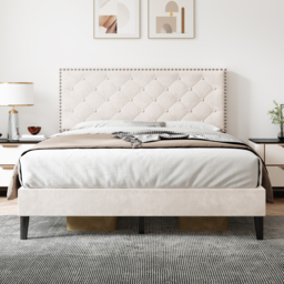 Upholstered Velvet Bedstead with Button-Tufted Headboard, Noise-Free Design, Wood Double Bed for Bedroom, 193L x 141W x 110H cm, Beige - Aosom.UK - thumbnail 1