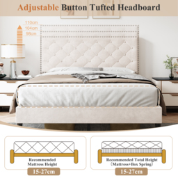 Upholstered Velvet Bedstead with Button-Tufted Headboard, Noise-Free Design, Wood Double Bed for Bedroom, 193L x 141W x 110H cm, Beige - Aosom.UK - thumbnail 4