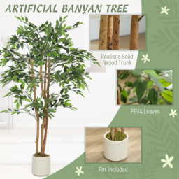 HOMCOM 150cm Artificial Ficus Tree, Fake Potted Tree with Solid Wood Trunk and Pot for Indoor, Green - thumbnail 4