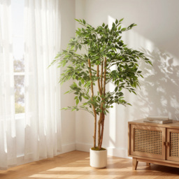 HOMCOM 150cm Artificial Ficus Tree, Fake Potted Tree with Solid Wood Trunk and Pot for Indoor, Green - thumbnail 2