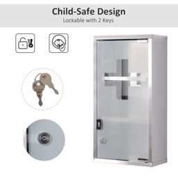 HOMCOM Lockable Medicine Cabinet: Stainless Steel Wall-Mounted Unit with 2 Shelves & Security Glass Door, 48cm Height - Aosom UK - thumbnail 5