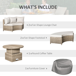 Outsunny 6-Seater Outdoor PE Rattan Patio Furniture Set Lounge Chair Round Daybed Liftable Coffee Table Conversation Set w/ Olefin Cushion, Grey - thumbnail 4
