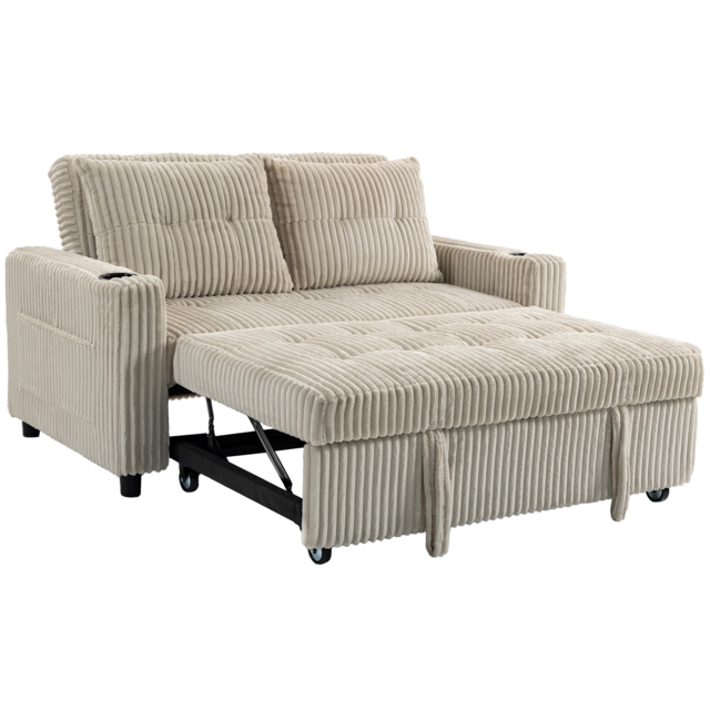 HOMCOM Corduroy Click Clack Sleeper Sofa with Pull Out Design, 2 Seater Sofa Bed, Cream White - image 1