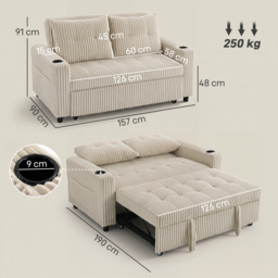 HOMCOM Corduroy Click Clack Sleeper Sofa with Pull Out Design, 2 Seater Sofa Bed, Cream White - thumbnail 3