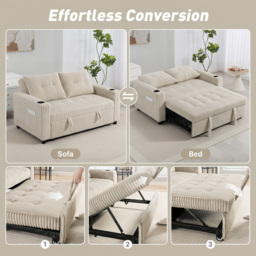 HOMCOM Corduroy Click Clack Sleeper Sofa with Pull Out Design, 2 Seater Sofa Bed, Cream White - thumbnail 4
