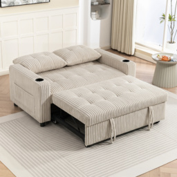 HOMCOM Corduroy Click Clack Sleeper Sofa with Pull Out Design, 2 Seater Sofa Bed, Cream White - thumbnail 8