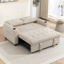 HOMCOM Corduroy Click Clack Sleeper Sofa with Pull Out Design, 2 Seater Sofa Bed, Cream White - thumbnail 8
