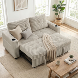 HOMCOM Corduroy Click Clack Sleeper Sofa with Pull Out Design, 2 Seater Sofa Bed, Cream White - thumbnail 2